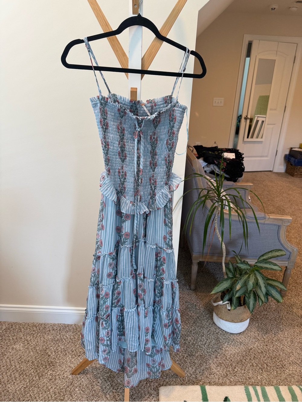 Free People Blue Striped Floral Smocked Maxi Dress